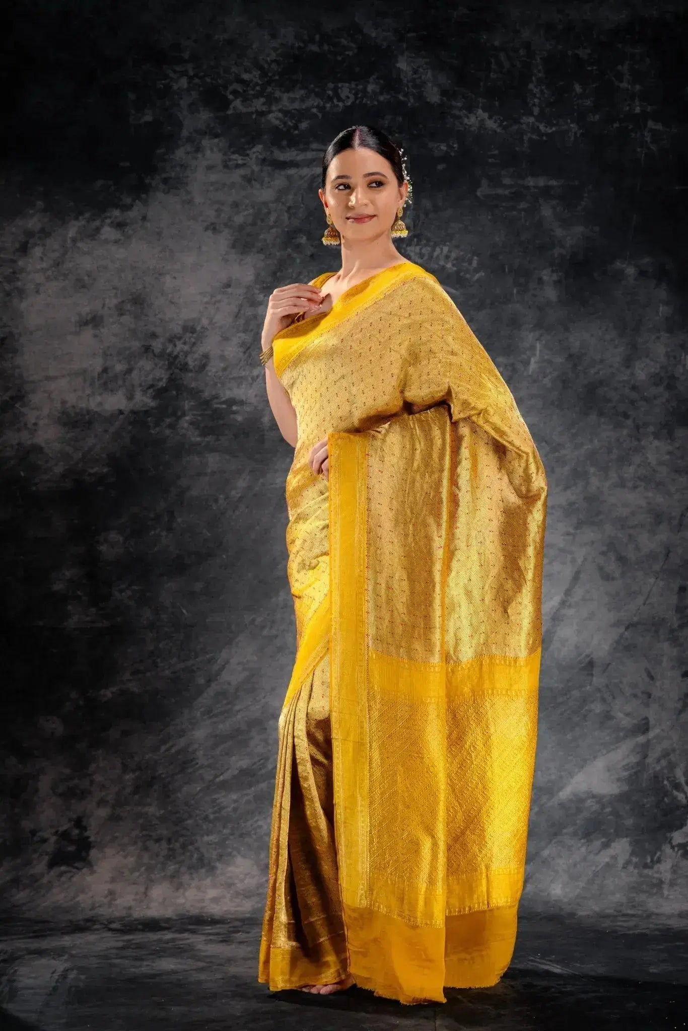 Mustard Crepe Silk Saree with Rani Meena Buttas and Diagonal Zari Weave that-saree-shop.myshopify.com