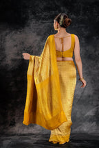Mustard Crepe Silk Saree with Rani Meena Buttas and Diagonal Zari Weave that-saree-shop.myshopify.com