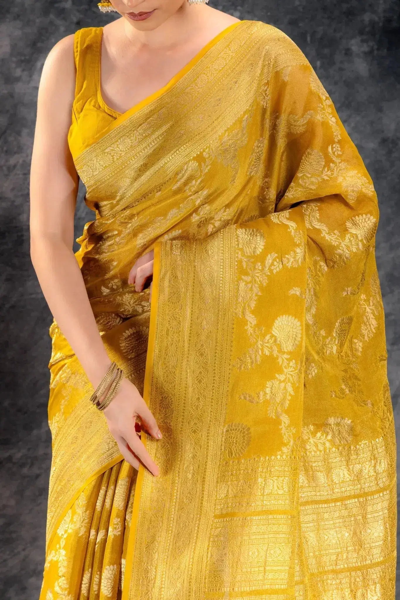 Mustard Tissue Saree with Zari Jaal Weave and Floral Border that-saree-shop.myshopify.com