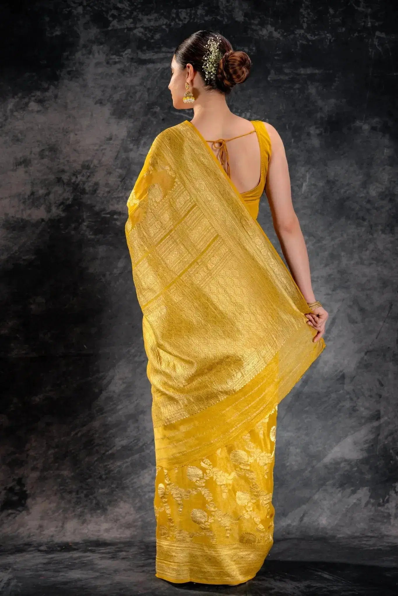 Mustard Tissue Saree with Zari Jaal Weave and Floral Border that-saree-shop.myshopify.com