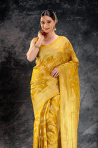 Mustard Tissue Saree with Zari Jaal Weave and Floral Border that-saree-shop.myshopify.com