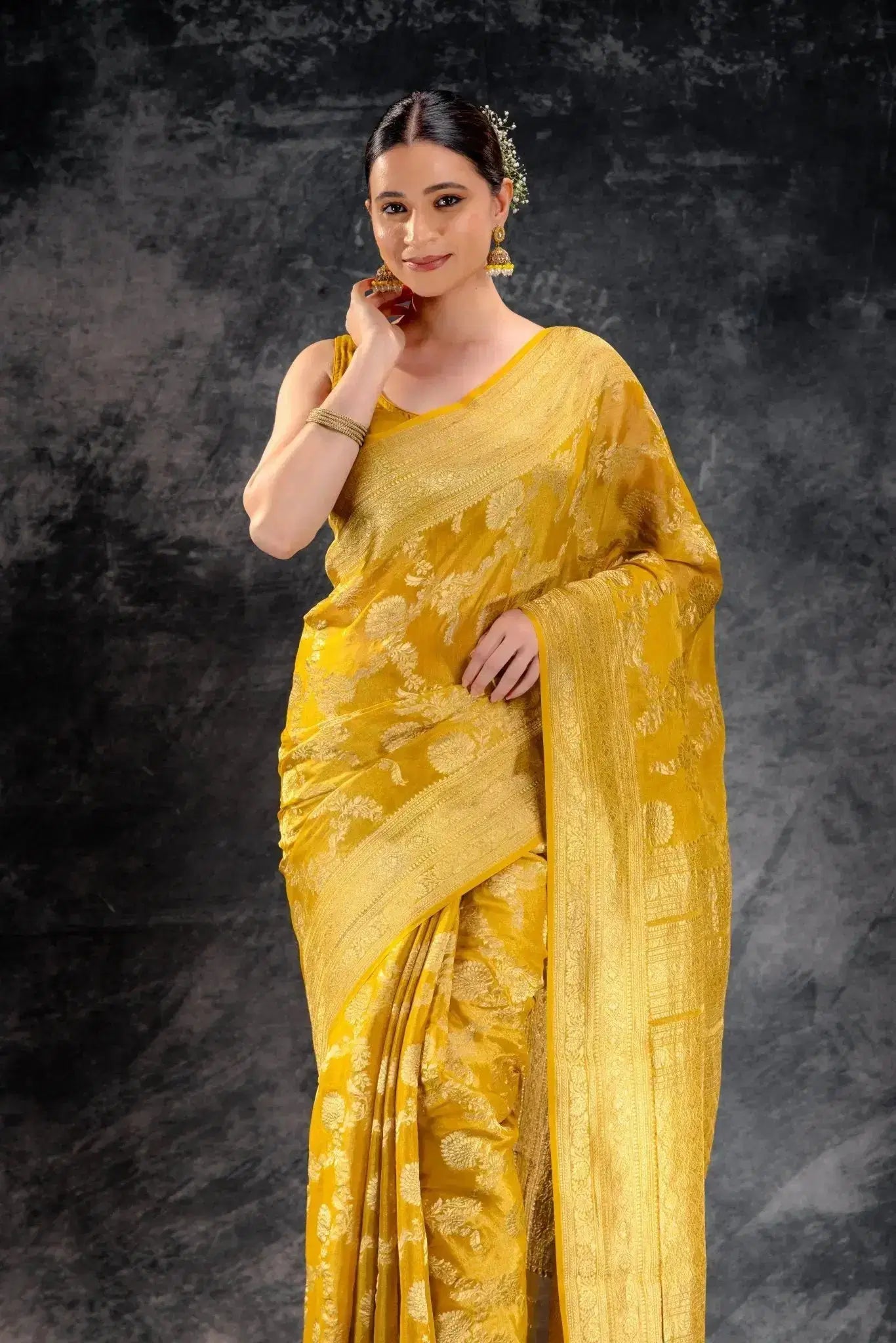 Mustard Tissue Saree with Zari Jaal Weave and Floral Border that-saree-shop.myshopify.com