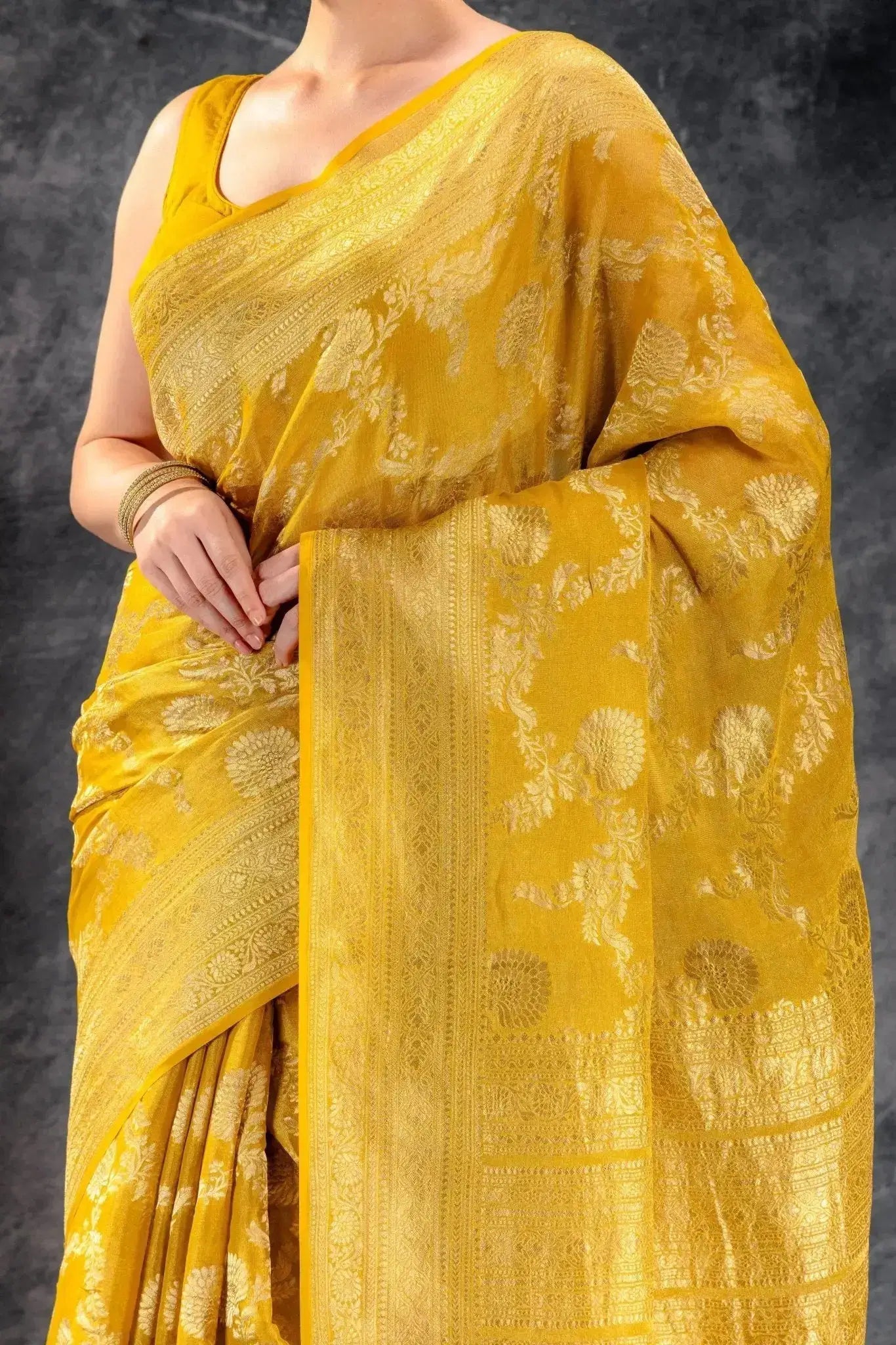 Mustard Tissue Saree with Zari Jaal Weave and Floral Border that-saree-shop.myshopify.com