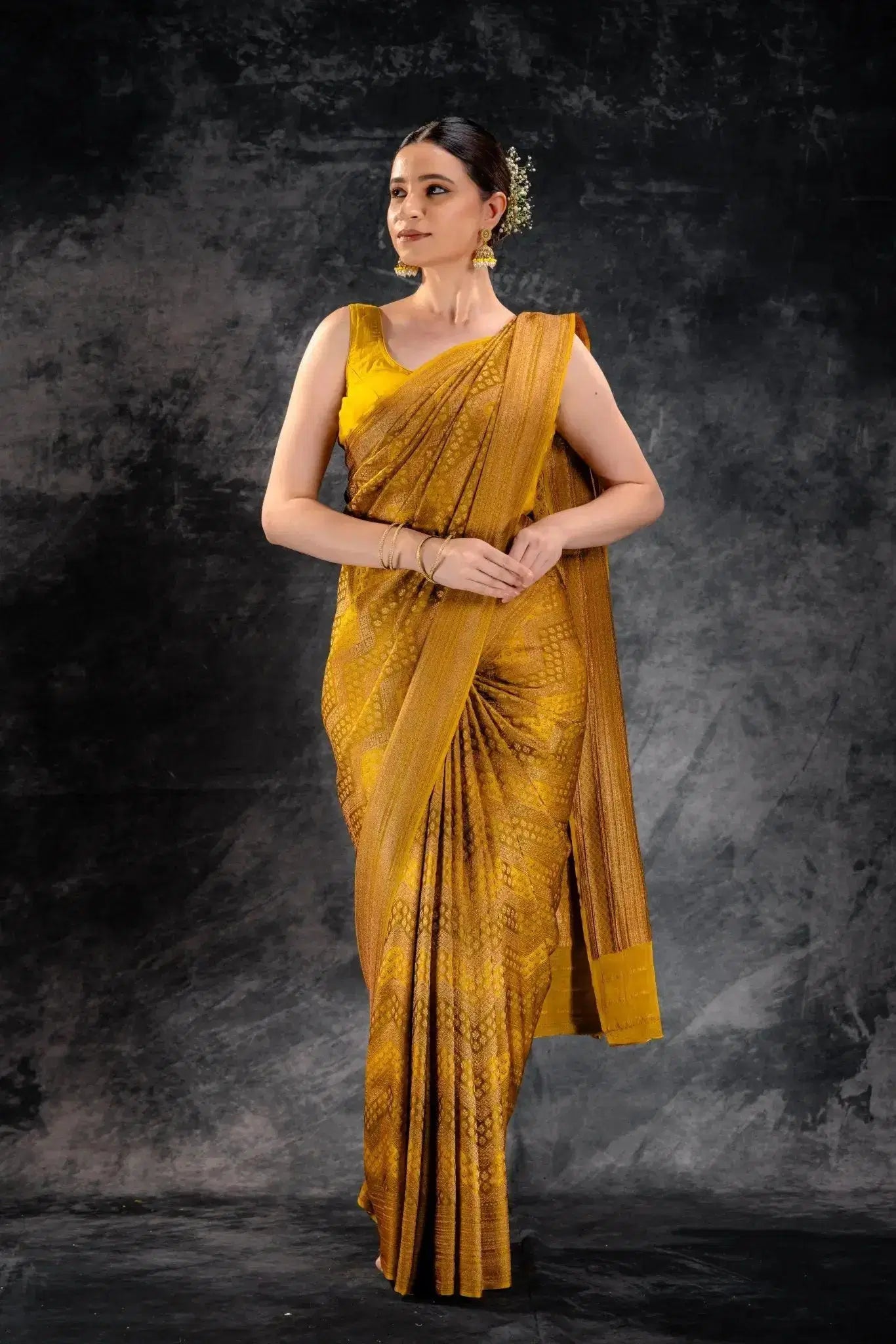 Mustard Yellow Crepe Silk Saree Vat Dyed with Antique Zari Weave that-saree-shop.myshopify.com