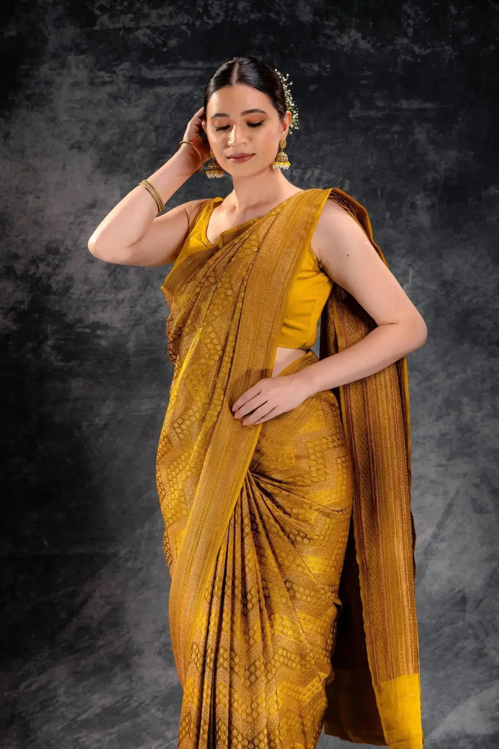 Mustard Yellow Crepe Silk Saree Vat Dyed with Antique Zari Weave that-saree-shop.myshopify.com