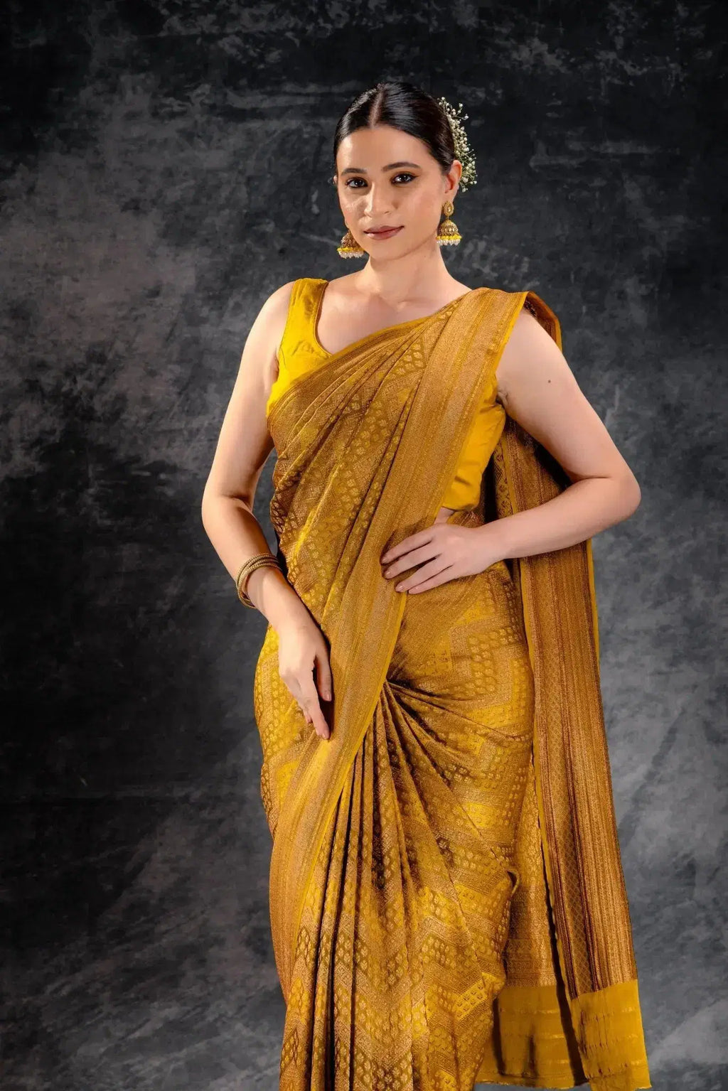 Mustard Yellow Crepe Silk Saree Vat Dyed with Antique Zari Weave that-saree-shop.myshopify.com