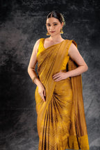 Mustard Yellow Crepe Silk Saree Vat Dyed with Antique Zari Weave that-saree-shop.myshopify.com