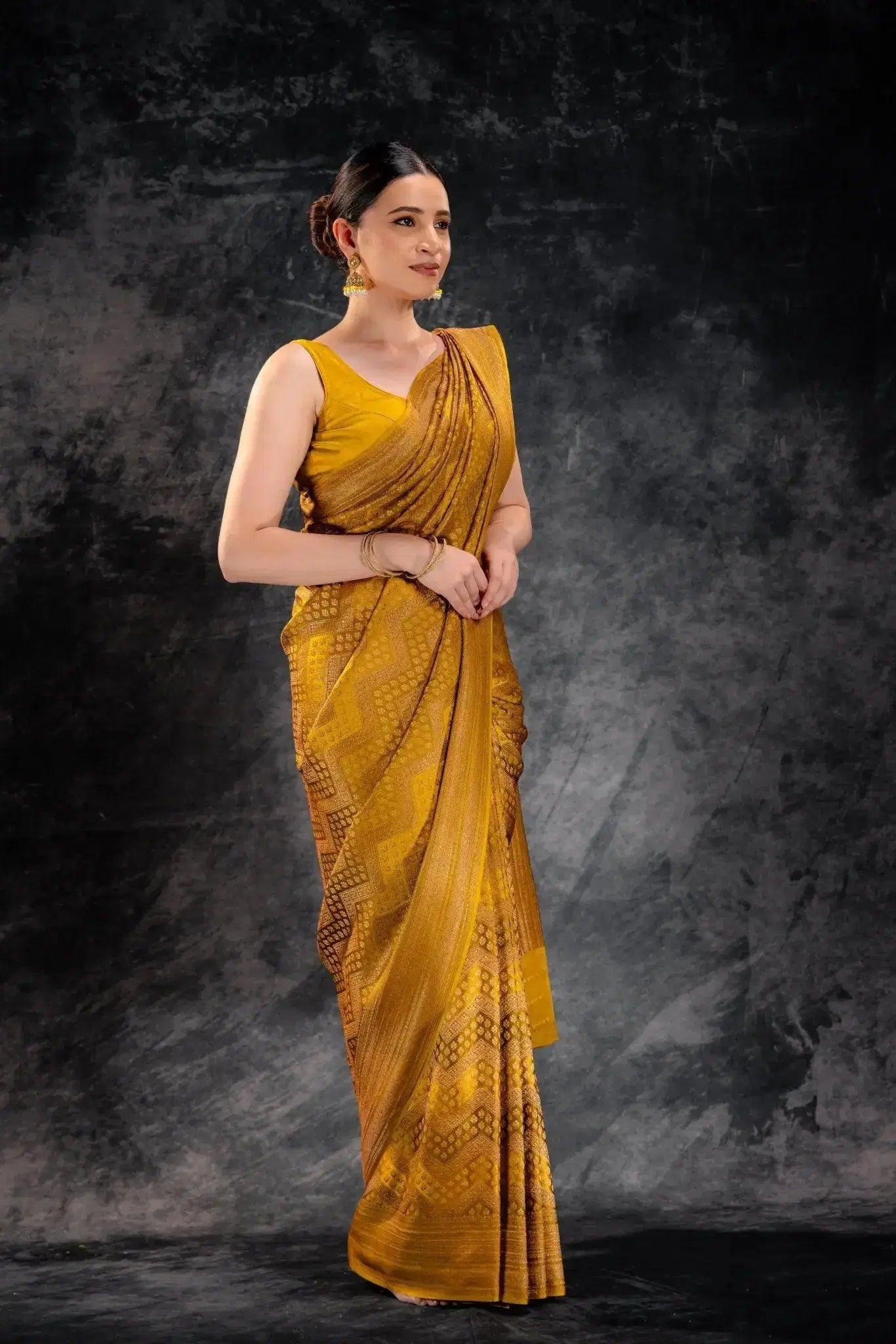 Mustard Yellow Crepe Silk Saree Vat Dyed with Antique Zari Weave that-saree-shop.myshopify.com