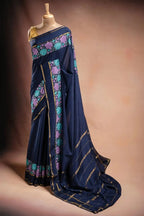 Navy Blue Crepe Saree with Floral Embroidery that-saree-shop.myshopify.com
