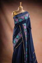 Navy Blue Crepe Saree with Floral Embroidery that-saree-shop.myshopify.com