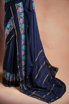 Navy Blue Crepe Saree with Floral Embroidery that-saree-shop.myshopify.com