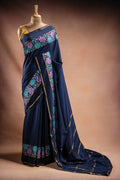 Navy Blue Crepe Saree with Floral Embroidery that-saree-shop.myshopify.com