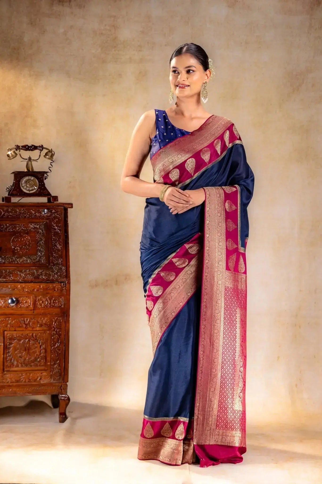 Navy Blue Crepe Saree with Maroon Zari Pallu and Border that-saree-shop.myshopify.com