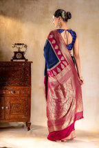 Navy Blue Crepe Saree with Maroon Zari Pallu and Border that-saree-shop.myshopify.com