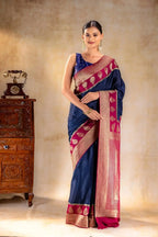 Navy Blue Crepe Saree with Maroon Zari Pallu and Border that-saree-shop.myshopify.com