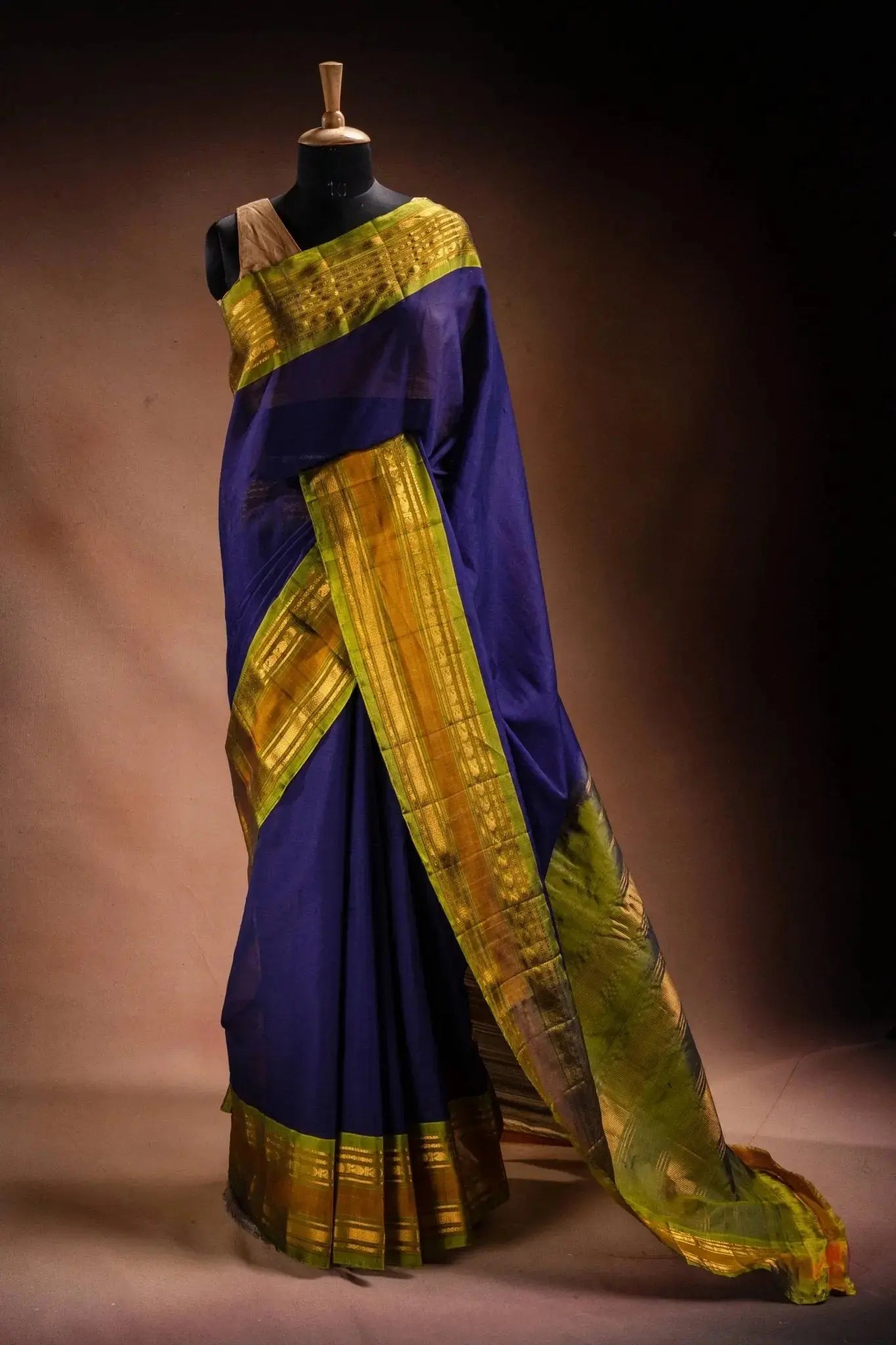 Navy Blue Gadwal Cotton Mix Saree with Green Border that-saree-shop.myshopify.com
