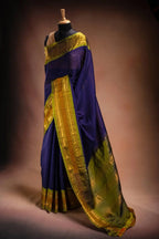 Navy Blue Gadwal Cotton Mix Saree with Green Border that-saree-shop.myshopify.com