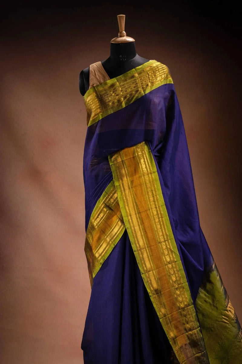 Navy Blue Gadwal Cotton Mix Saree with Green Border that-saree-shop.myshopify.com
