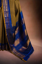 Olive Gadwal Cotton Mix Saree with Blue Border that-saree-shop.myshopify.com