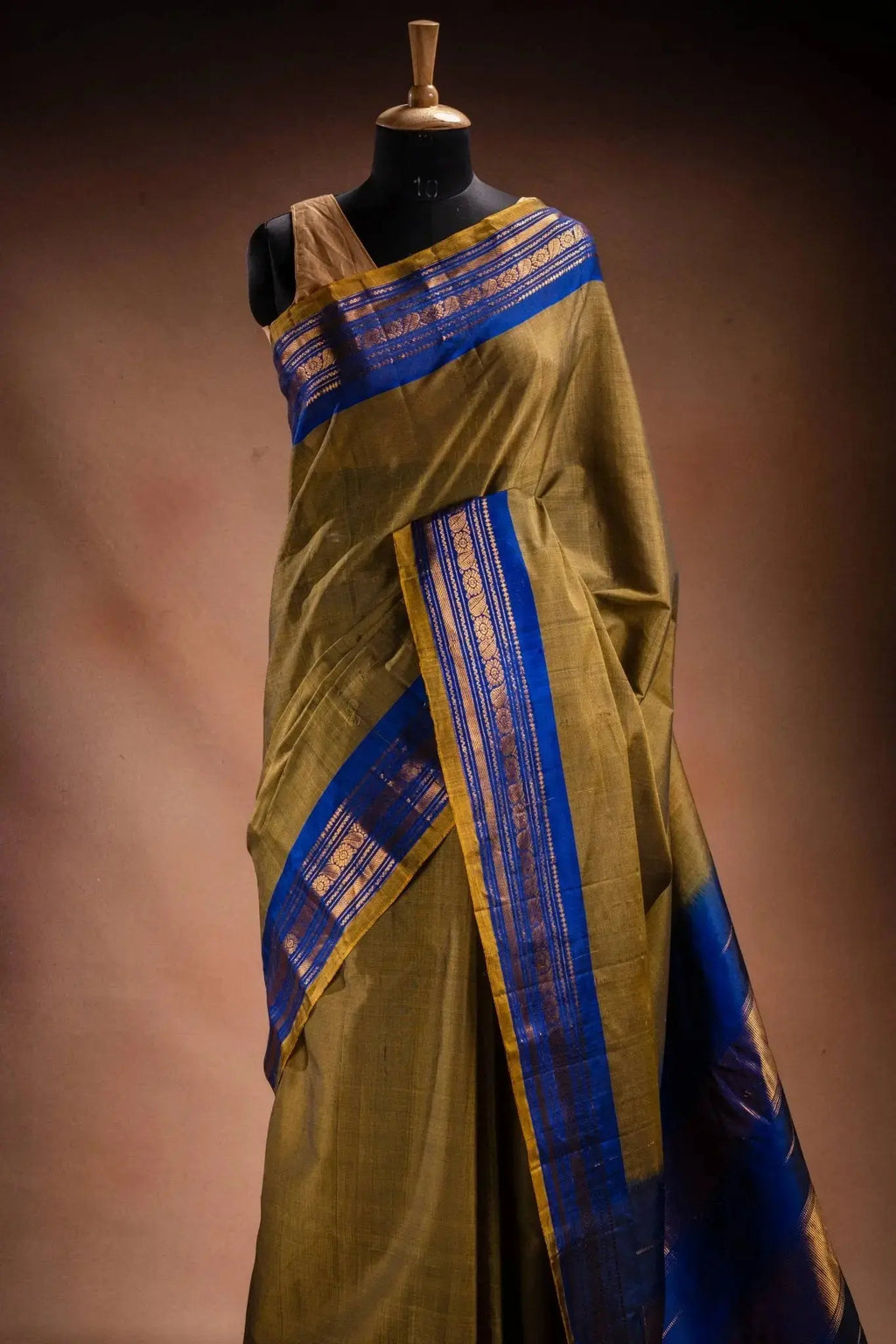 Olive Gadwal Cotton Mix Saree with Blue Border that-saree-shop.myshopify.com