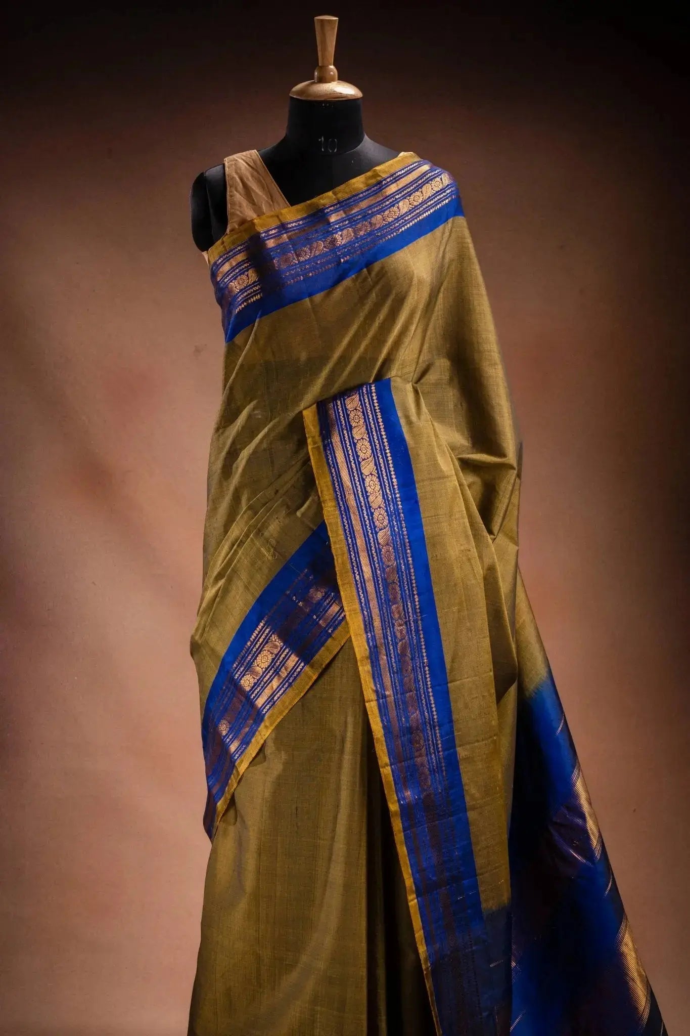 Olive Gadwal Cotton Mix Saree with Blue Border that-saree-shop.myshopify.com
