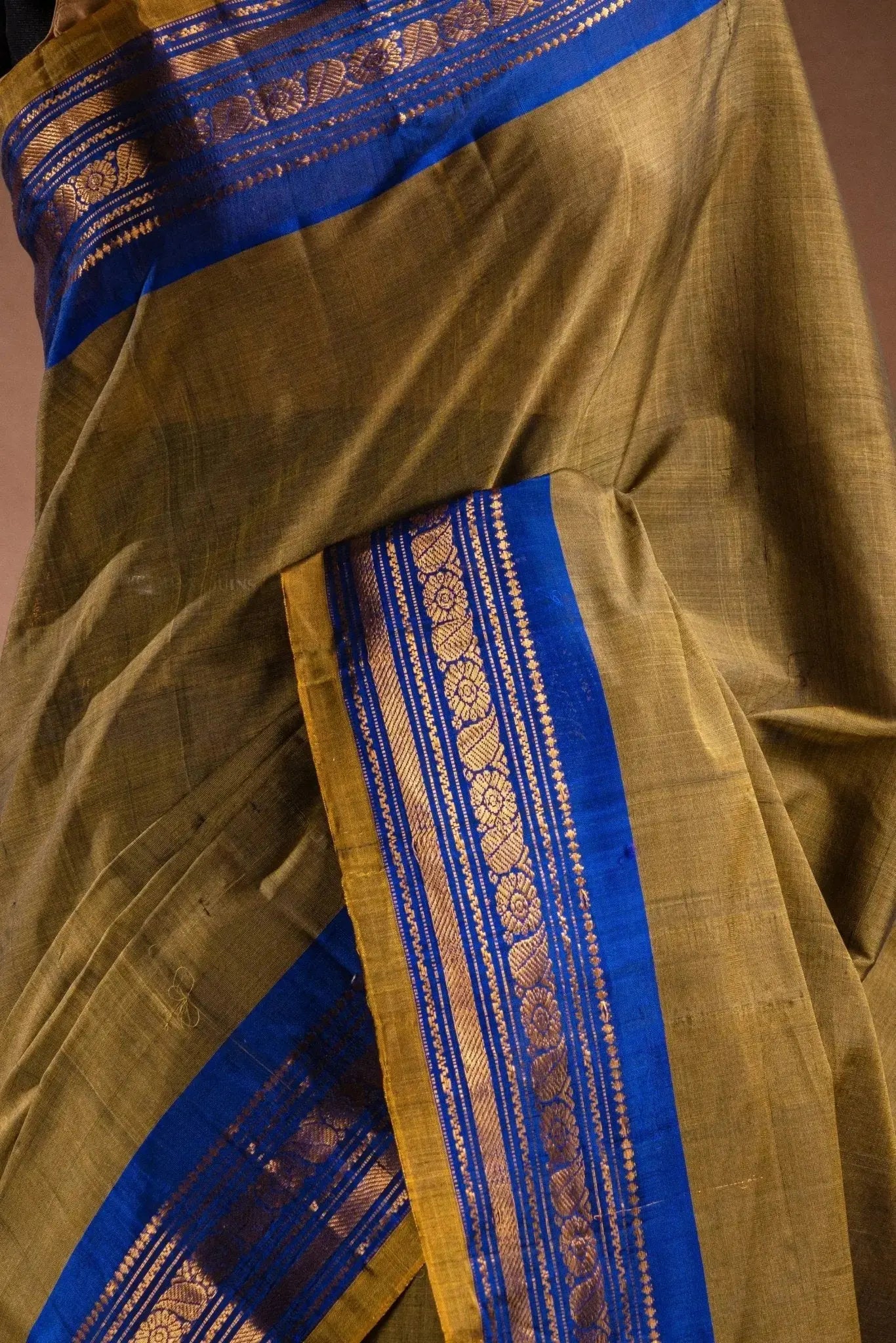 Olive Gadwal Cotton Mix Saree with Blue Border that-saree-shop.myshopify.com