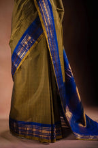 Olive Gadwal Cotton Mix Saree with Blue Border that-saree-shop.myshopify.com