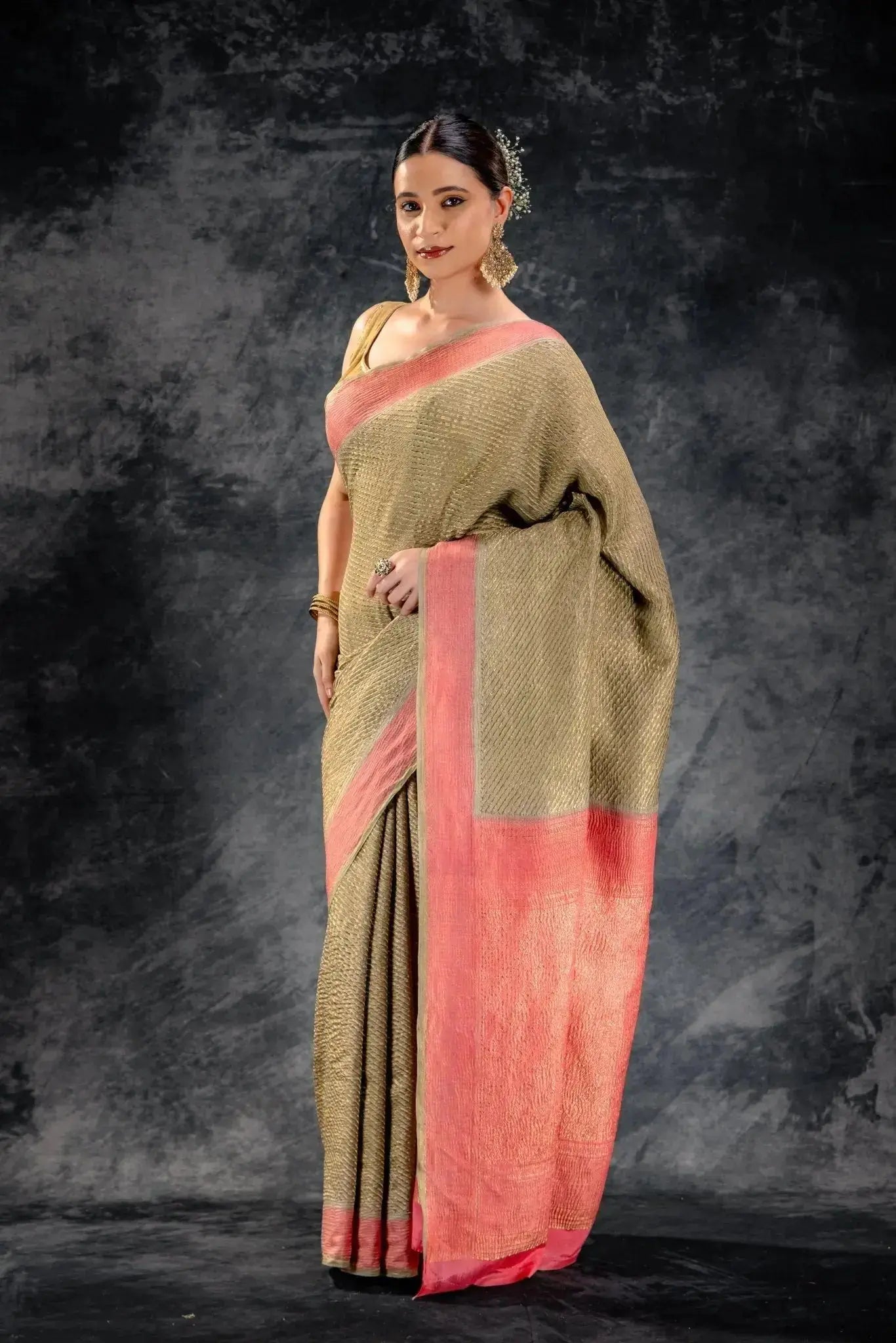 Olive Green Crepe Silk Saree with Diagonal Zari Stripes and Contrast Border that-saree-shop.myshopify.com