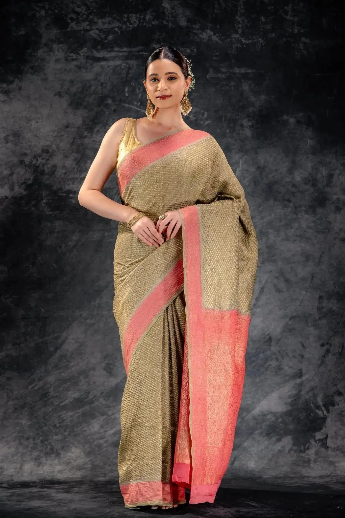 Olive Green Crepe Silk Saree with Diagonal Zari Stripes and Contrast Border that-saree-shop.myshopify.com