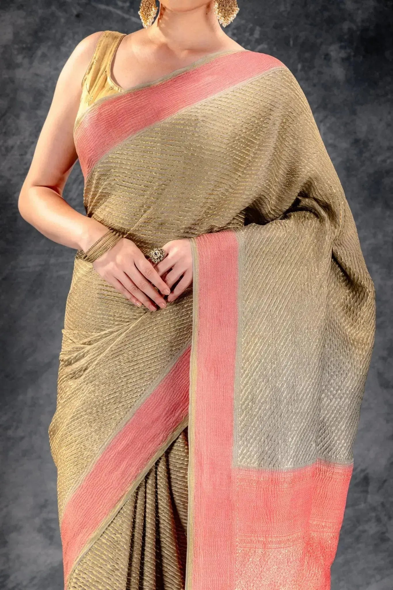 Olive Green Crepe Silk Saree with Diagonal Zari Stripes and Contrast Border that-saree-shop.myshopify.com