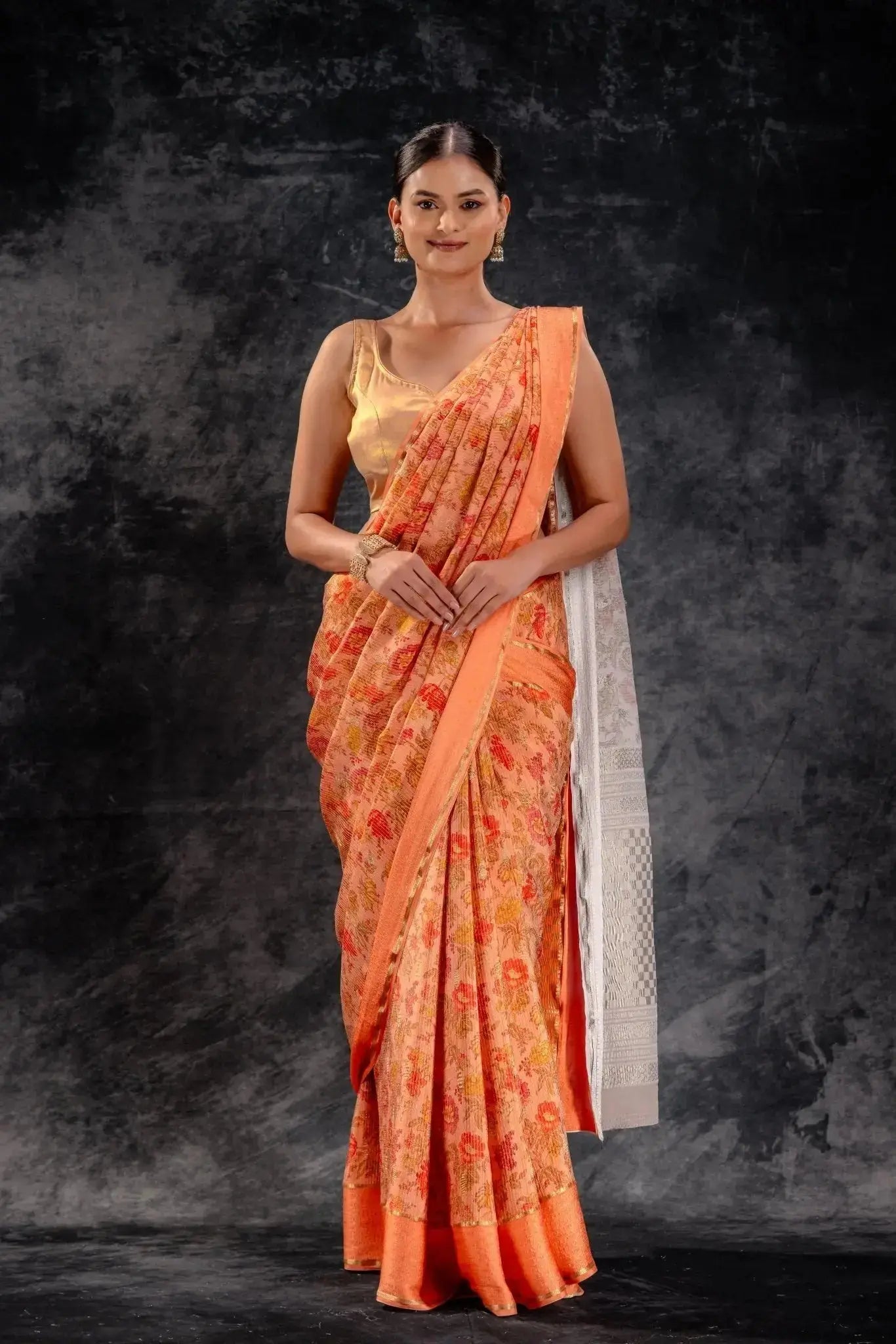 Orange Printed Crepe Silk Saree that-saree-shop.myshopify.com