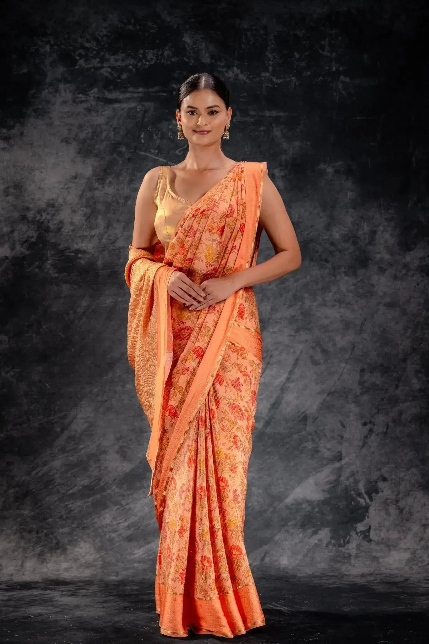 Orange Printed Crepe Silk Saree that-saree-shop.myshopify.com