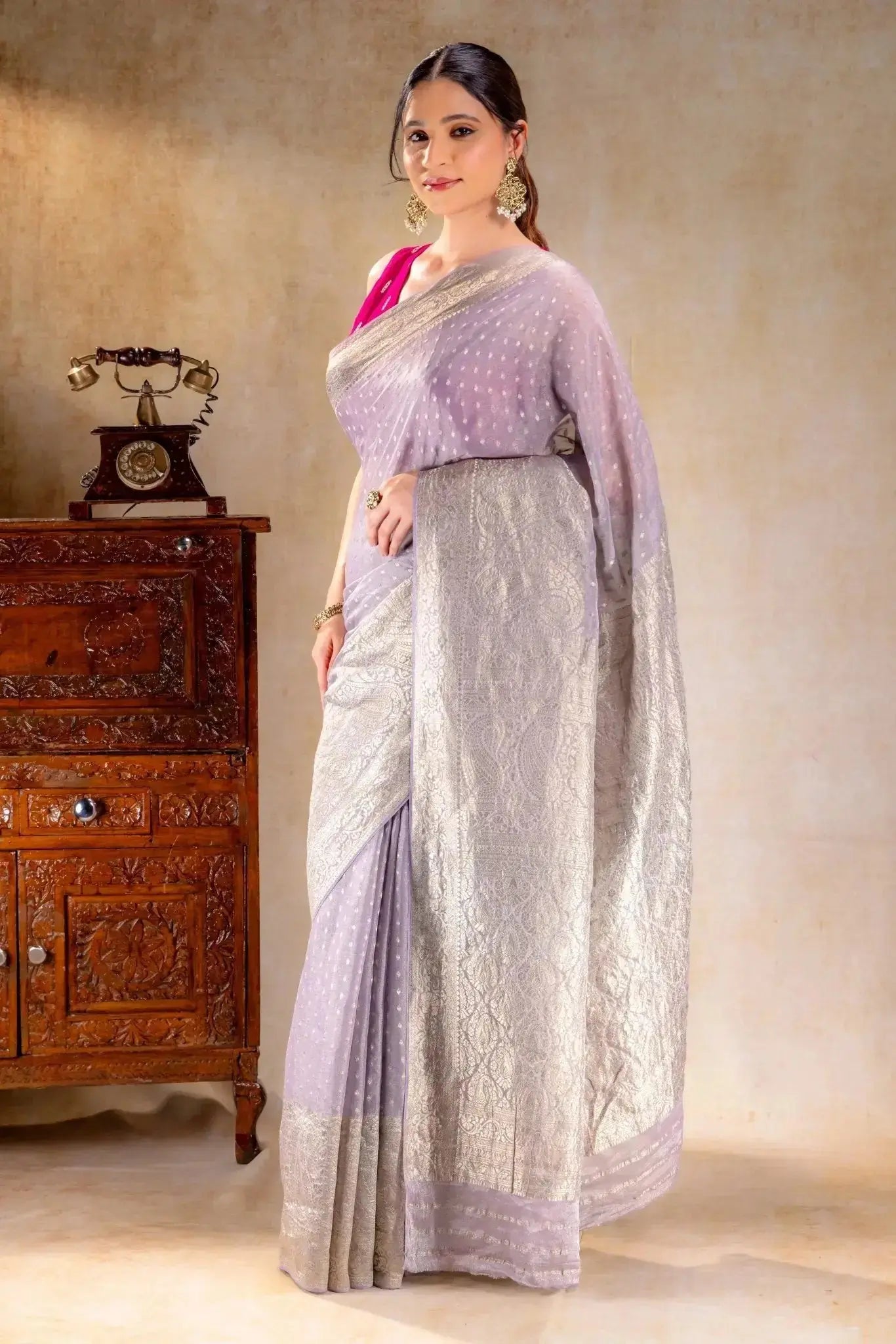 Pastel Lilac Tissue Saree with Rich Mango Motif Border and Butta that-saree-shop.myshopify.com