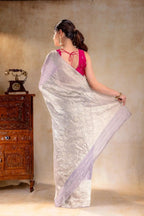 Pastel Lilac Tissue Saree with Rich Mango Motif Border and Butta that-saree-shop.myshopify.com