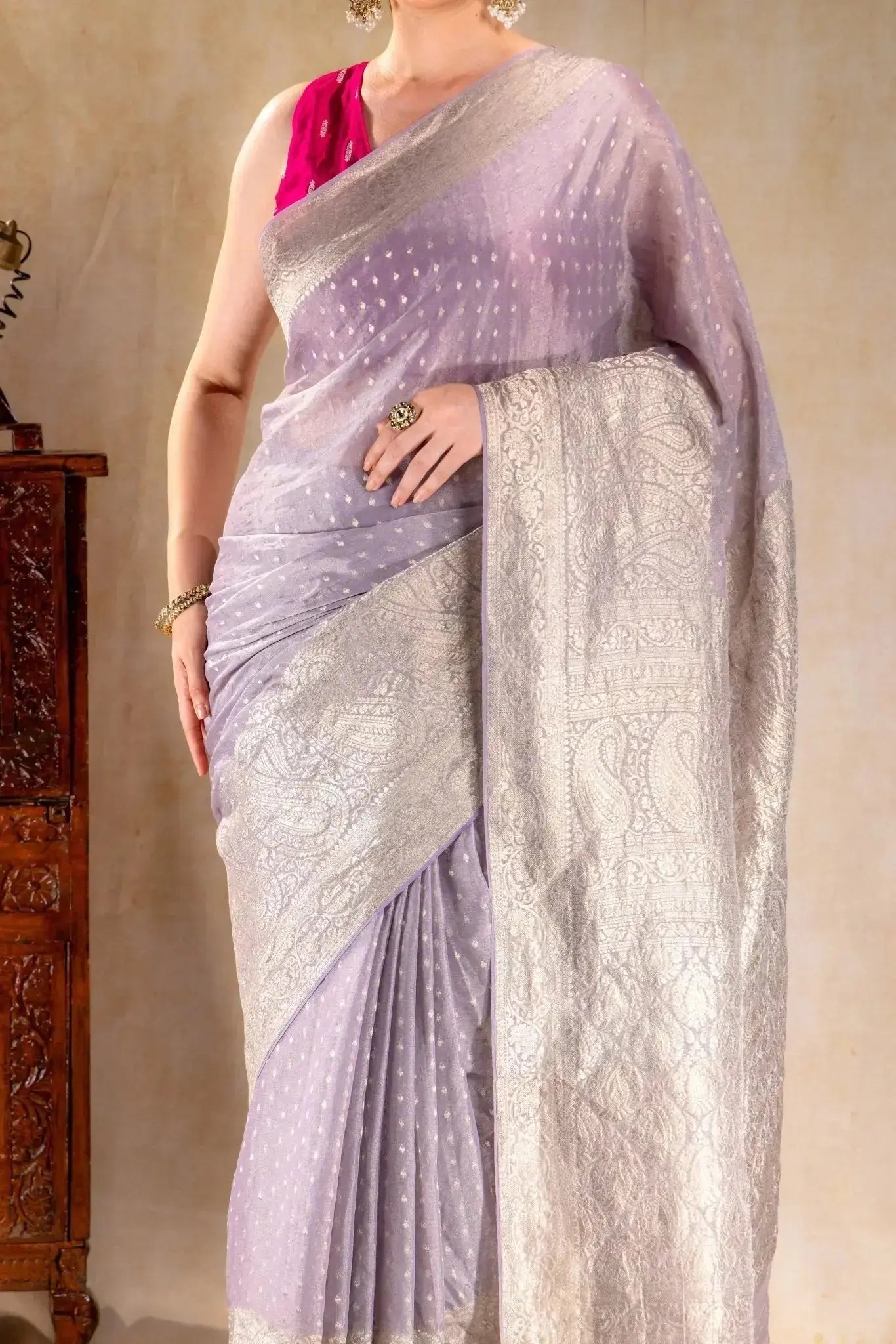 Pastel Lilac Tissue Saree with Rich Mango Motif Border and Butta that-saree-shop.myshopify.com