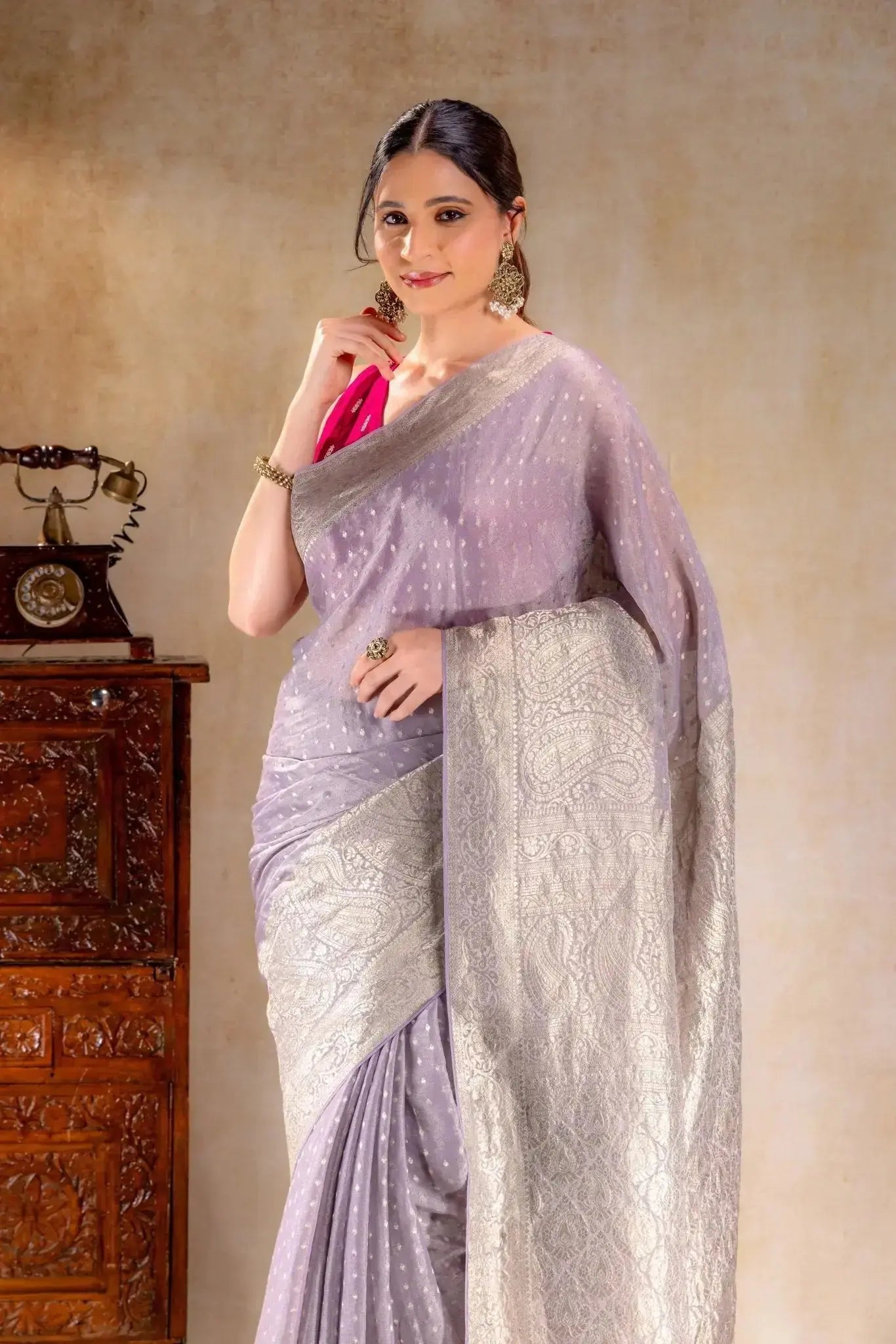 Pastel Lilac Tissue Saree with Rich Mango Motif Border and Butta that-saree-shop.myshopify.com