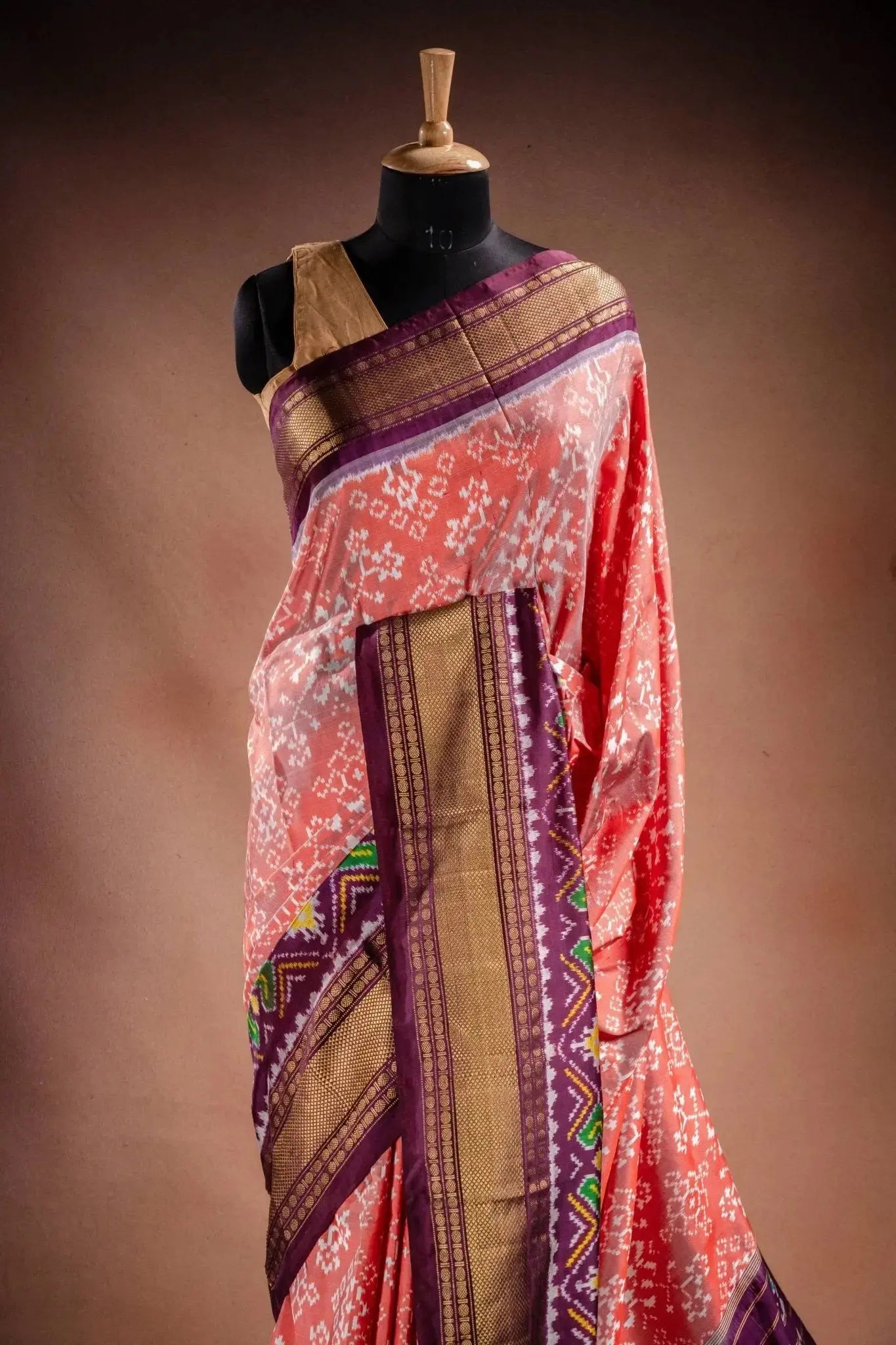 Peach Pochampally Saree with Purple Border that-saree-shop.myshopify.com