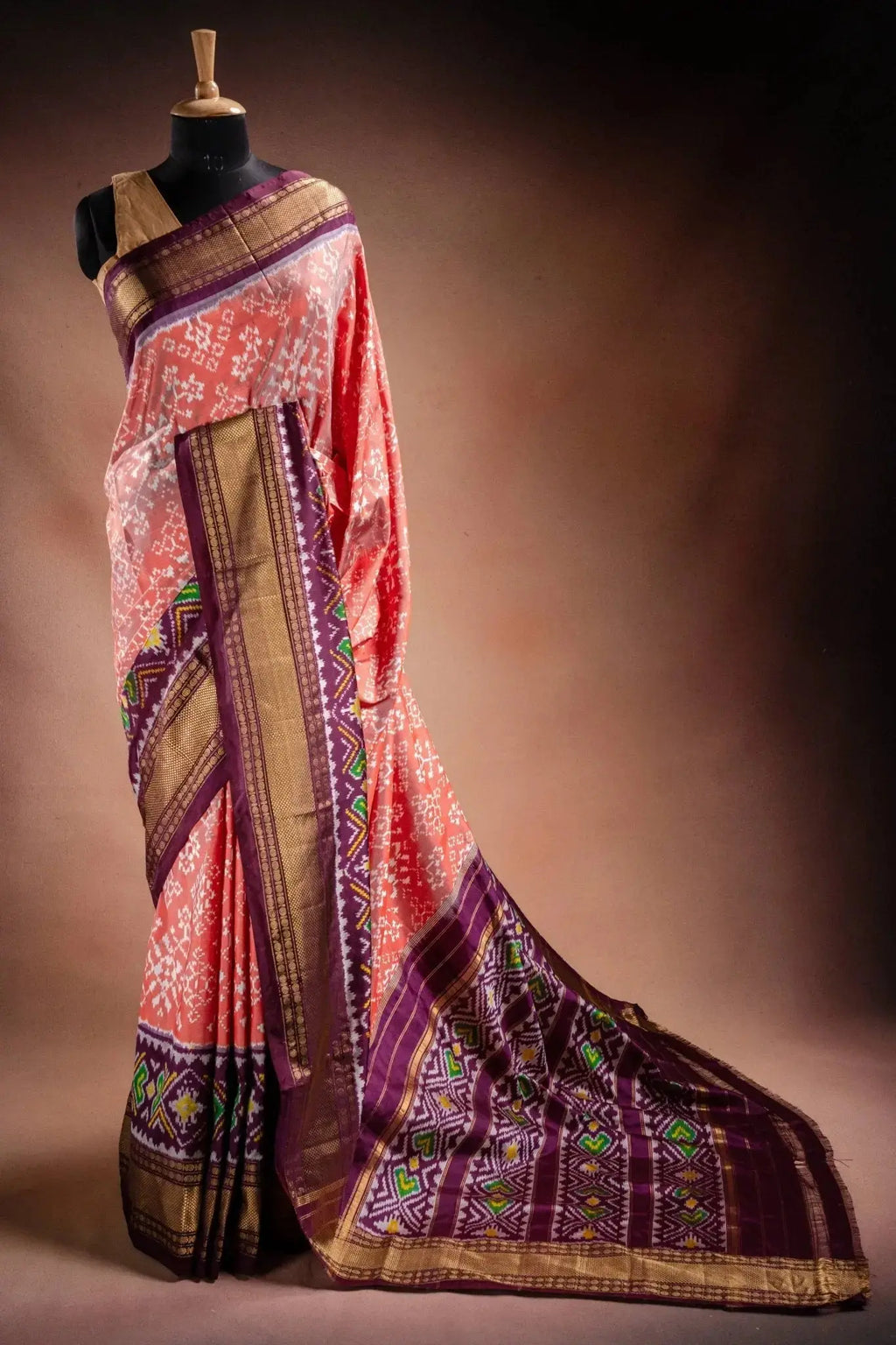 Peach Pochampally Saree with Purple Border that-saree-shop.myshopify.com