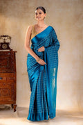 Peacock Teal Crepe Saree with Gold-Silver Check Lines with Satin Border that-saree-shop.myshopify.com