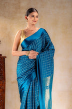 Peacock Teal Crepe Saree with Gold-Silver Check Lines with Satin Border that-saree-shop.myshopify.com