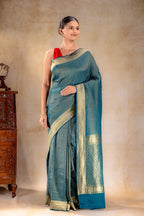 Peacock Teal Crepe Silk Saree with Rani Meena Buttas and Diagonal Zari Weave that-saree-shop.myshopify.com