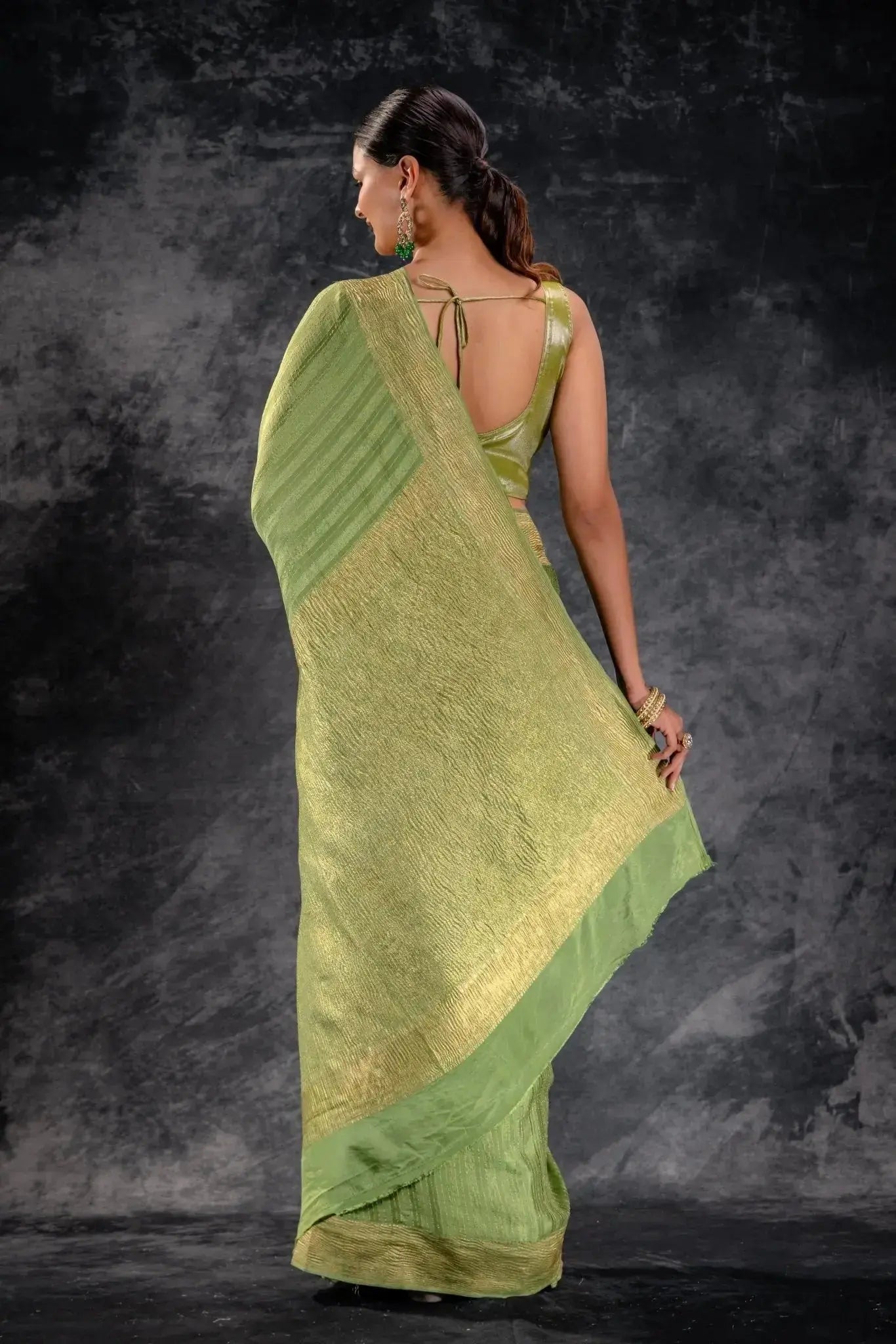 Pistachio Green Crepe Silk Saree with Zari Stripes and Crushed Border that-saree-shop.myshopify.com