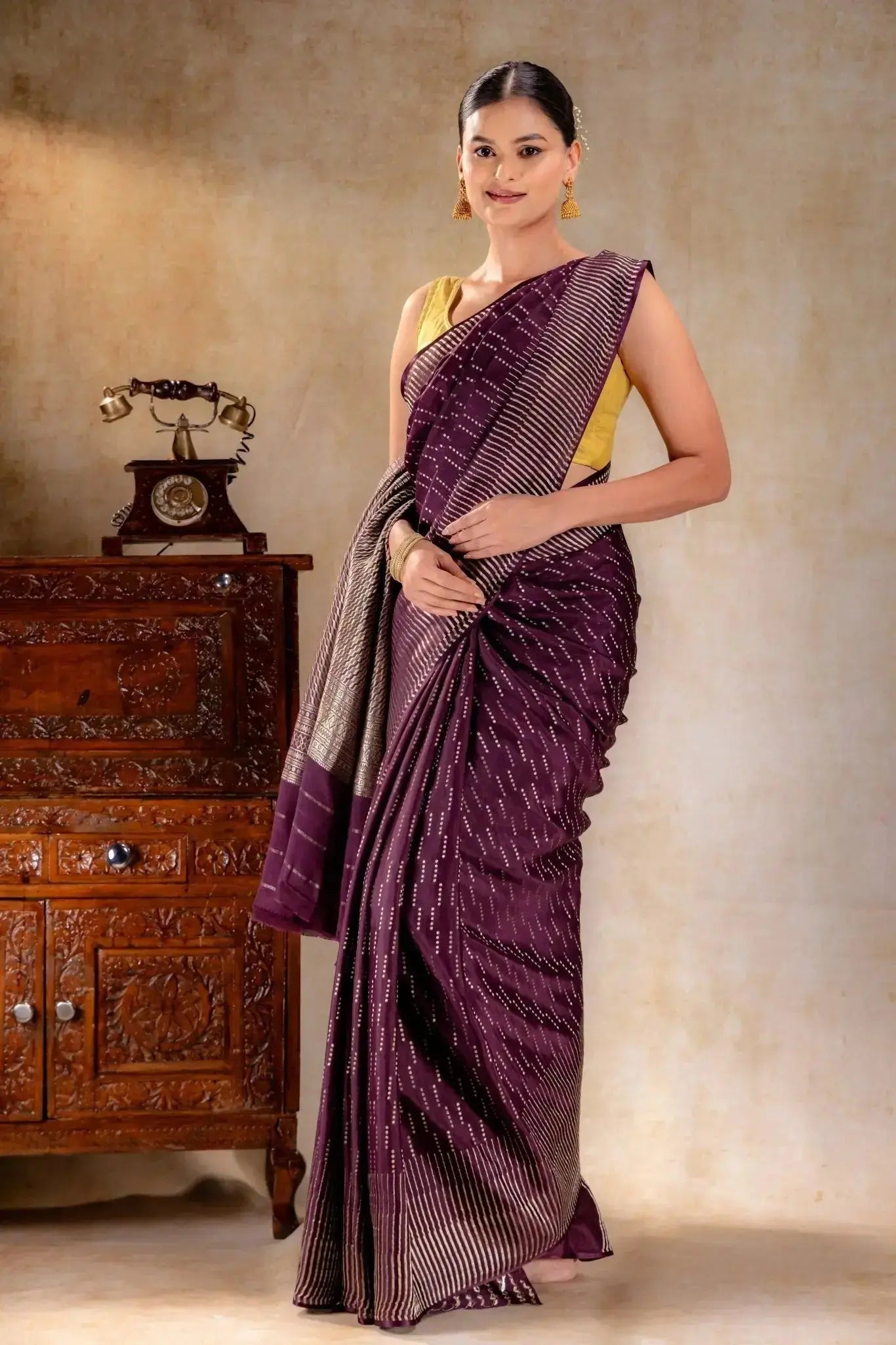 Plum Purple Crepe Saree with Vertical Zari Dots and Contemporary Striped Border that-saree-shop.myshopify.com
