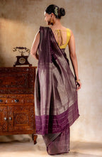 Plum Purple Crepe Saree with Vertical Zari Dots and Contemporary Striped Border that-saree-shop.myshopify.com
