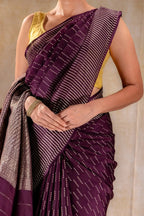 Plum Purple Crepe Saree with Vertical Zari Dots and Contemporary Striped Border that-saree-shop.myshopify.com