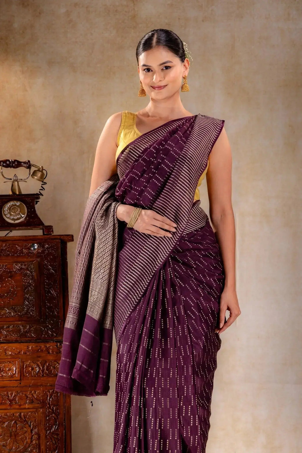 Plum Purple Crepe Saree with Vertical Zari Dots and Contemporary Striped Border that-saree-shop.myshopify.com