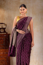 Plum Purple Crepe Saree with Vertical Zari Dots and Contemporary Striped Border that-saree-shop.myshopify.com