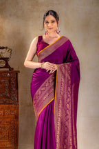 Plum Purple Crepe Silk Saree with Antique Zari Elephant Border that-saree-shop.myshopify.com