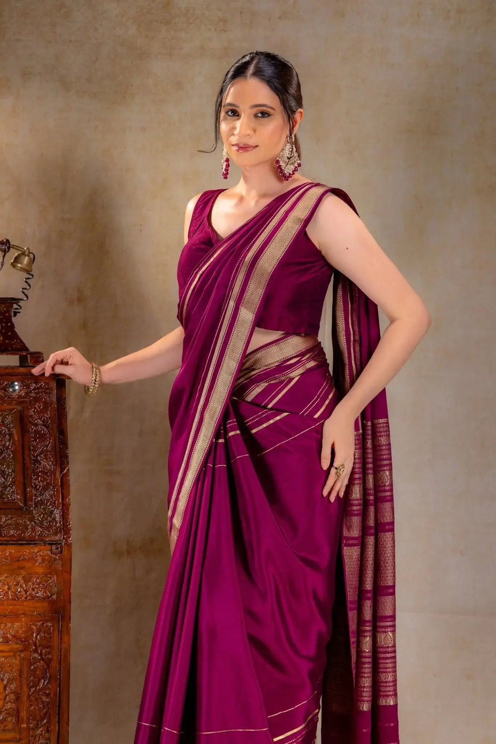 Plum Wine Crepe Saree Gold Zari Rich Border that-saree-shop.myshopify.com