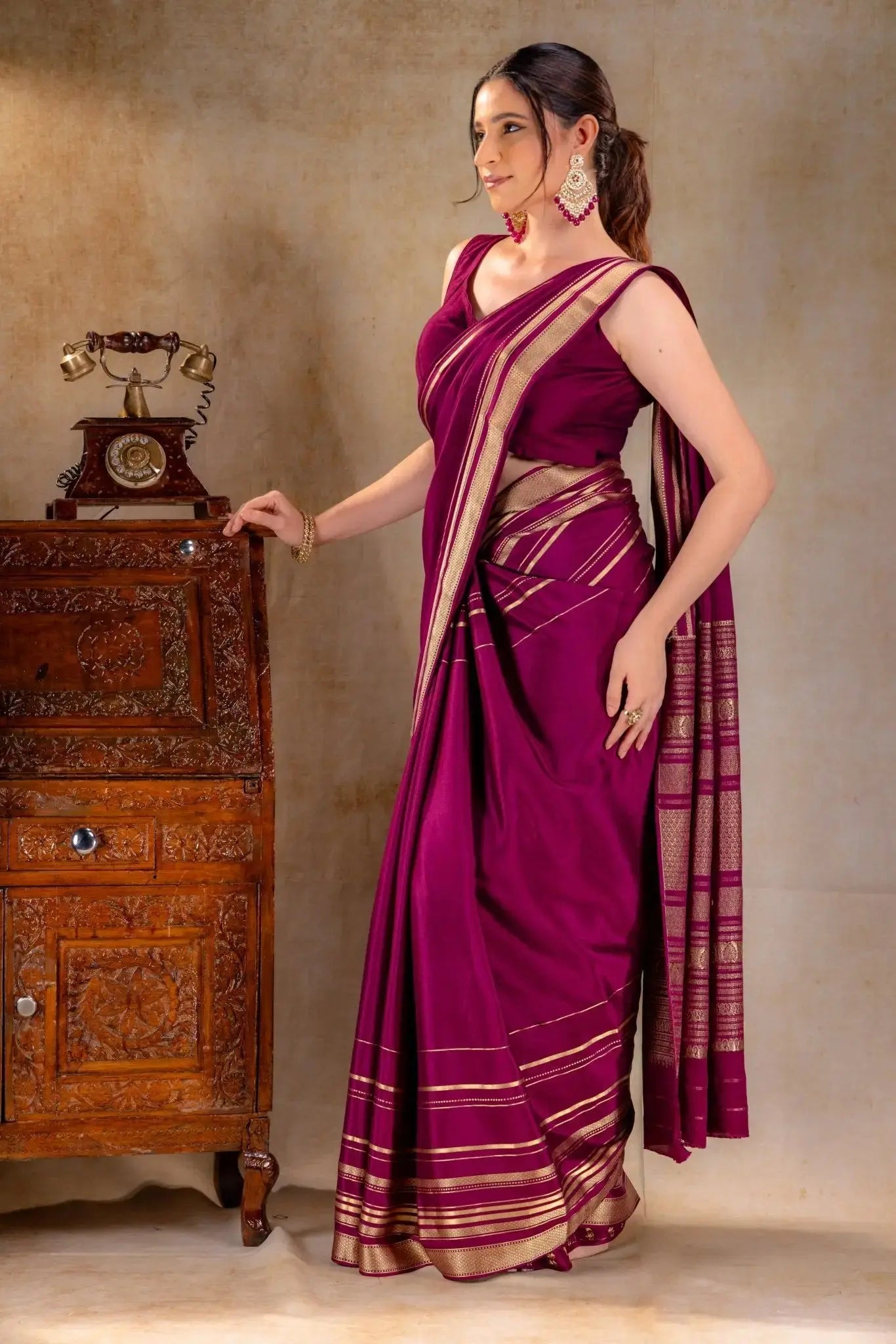 Plum Wine Crepe Saree Gold Zari Rich Border that-saree-shop.myshopify.com
